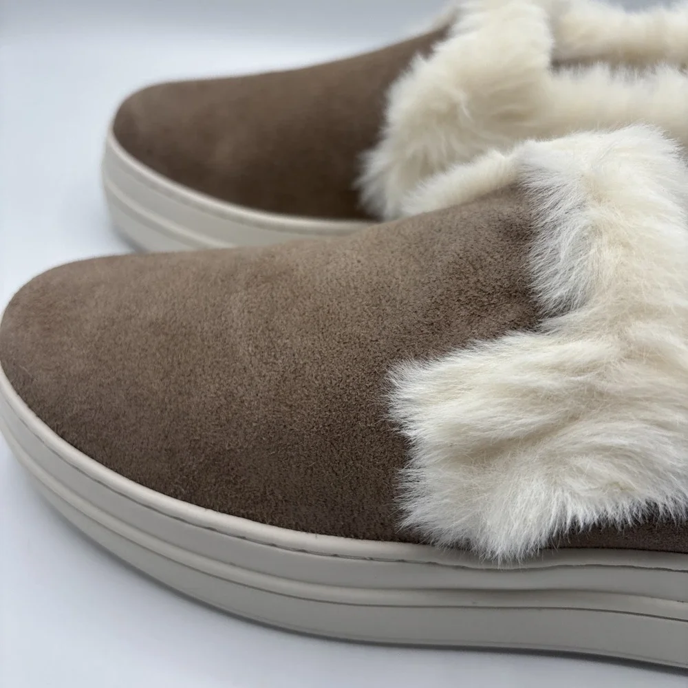 J Slides NYC Taupe Suede Neel Fur Trim Slip On Sneaker‎ Size 6M